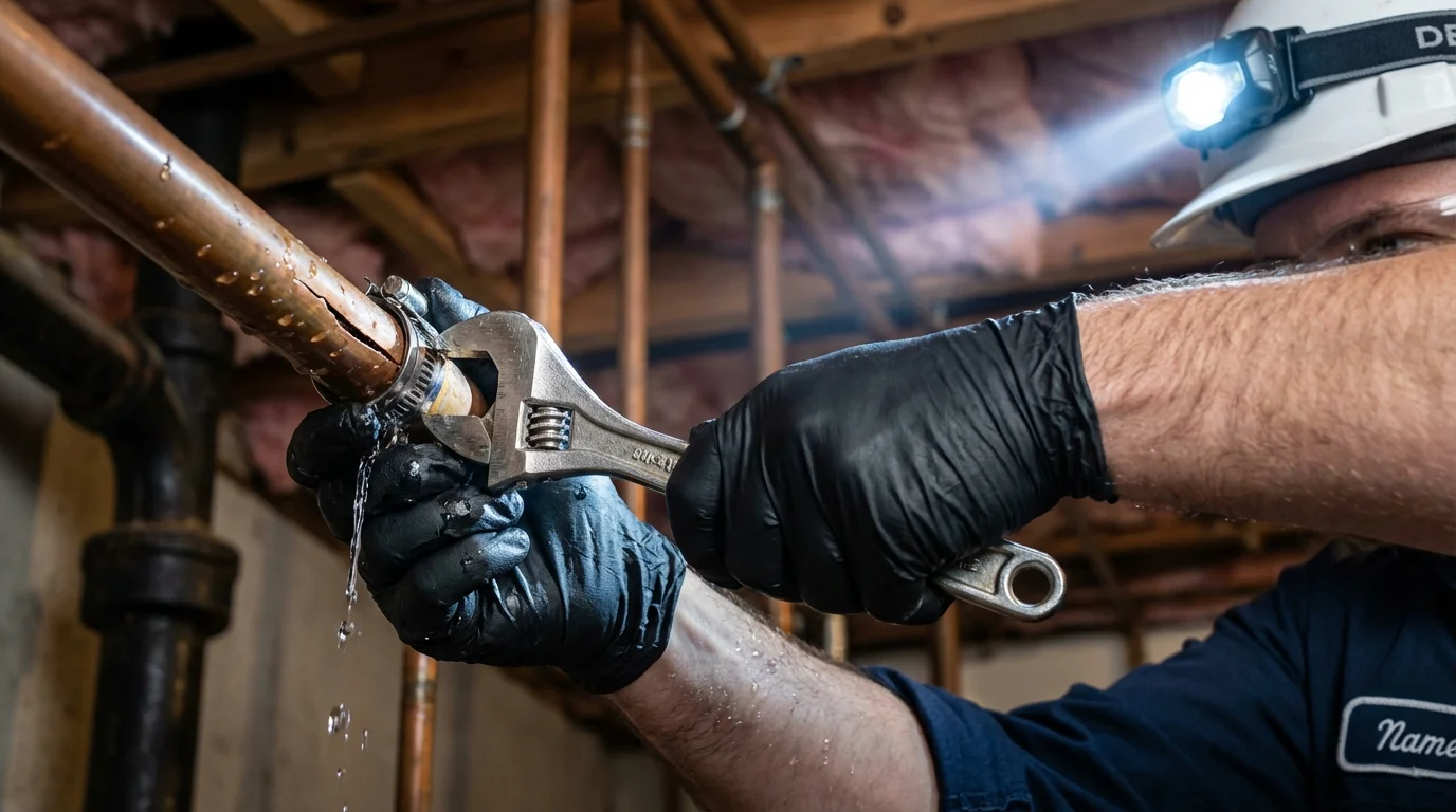 Emergency pipe clamp repair being performed by a Johns Plumbing LLC plumber in Randolph
