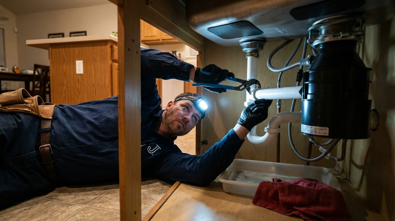 P-trap and supply line connections under a kitchen sink showing a common leak point in Randolph, UT
